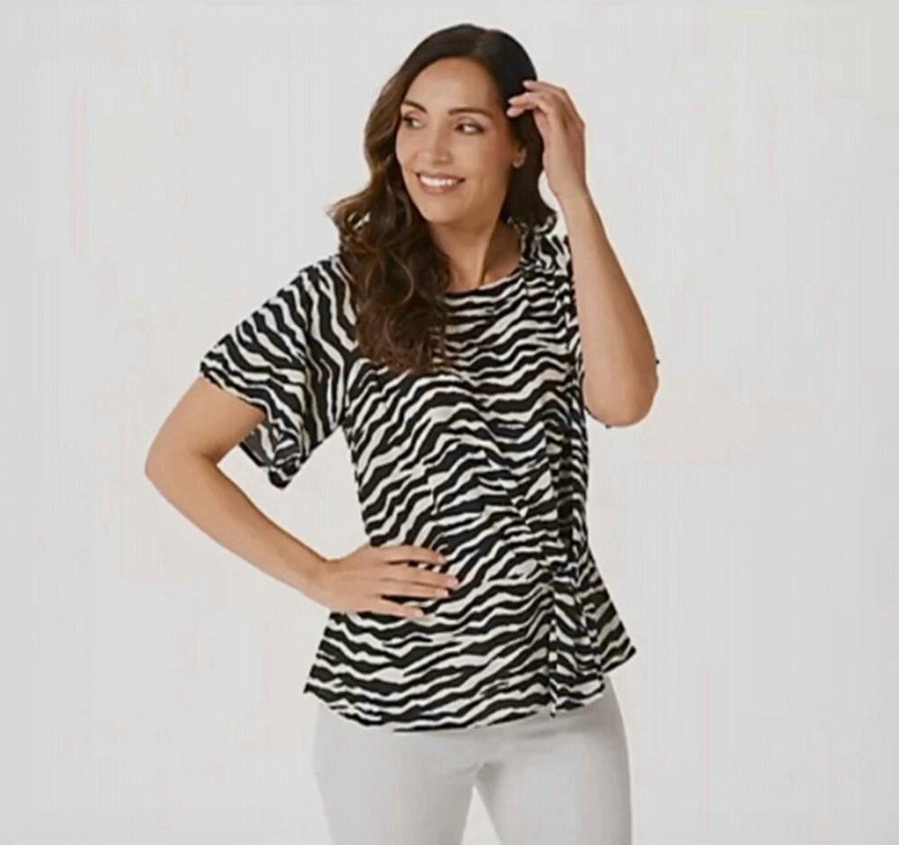 Belle Kim Gravel Zebra Animal Print Tie Front Blouse Black White XL